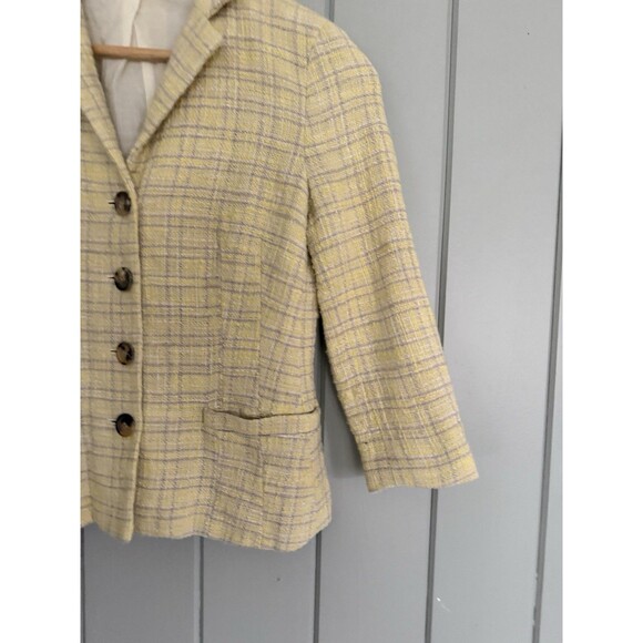 Theory Butter Yellow Plaid Tweed Blazer Jacket 0 3/4 Sleeve Cotton Lined Y2K - Picture 2 of 7